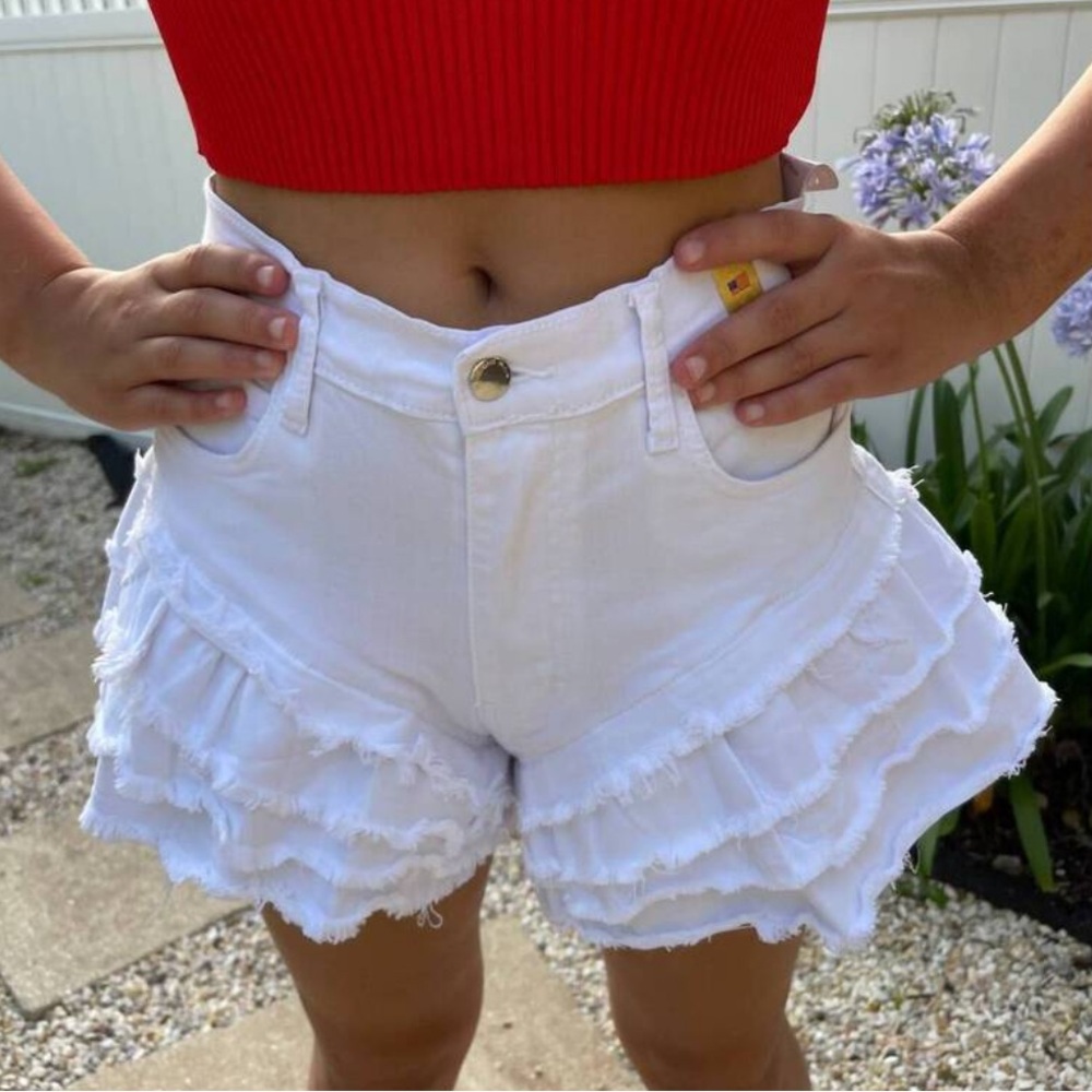 Vibrant White Ruffled High Rise Denim Shorts